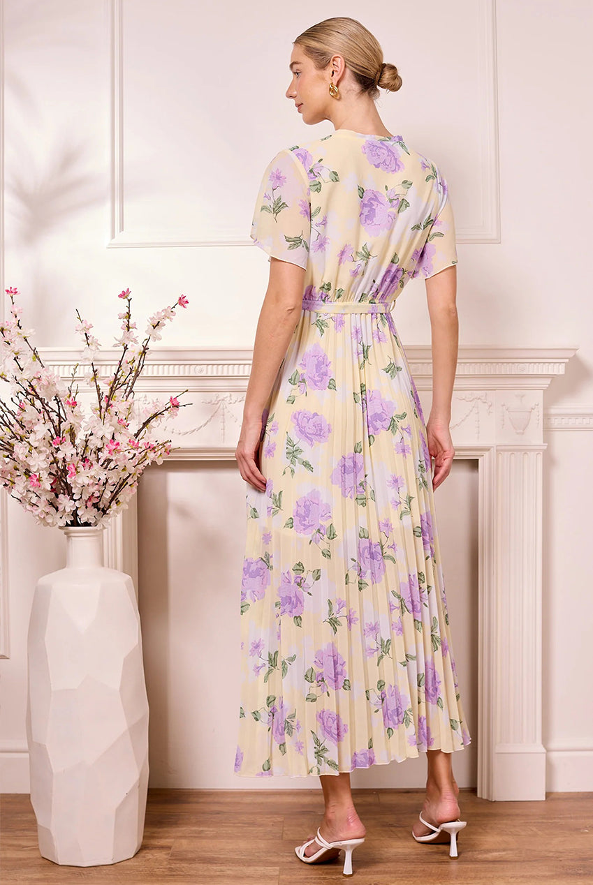 Butter Yellow Pleated Dress With Purple Florals Z042588