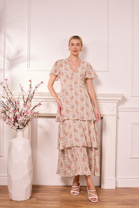 Ditsy Floral Cream Tiered Maxi Dress by Angeleye