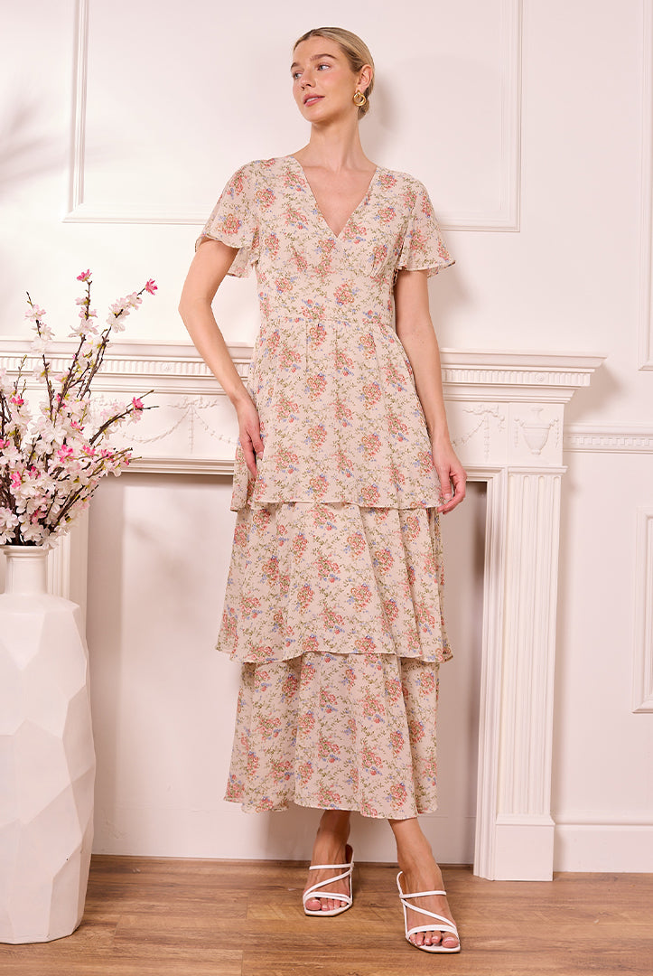 Ditsy Floral Cream Tiered Maxi Dress Z042598CRMF