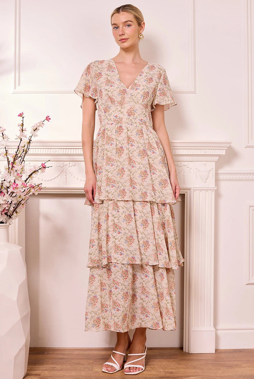 Ditsy Floral Cream Tiered Maxi Dress Z042598