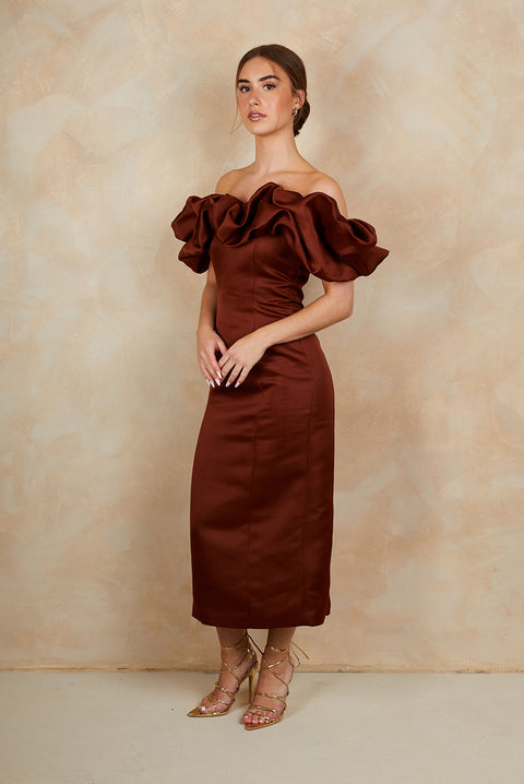 Ruffle Bardot Satin Midi Dress In Chocolate by Chi Chi