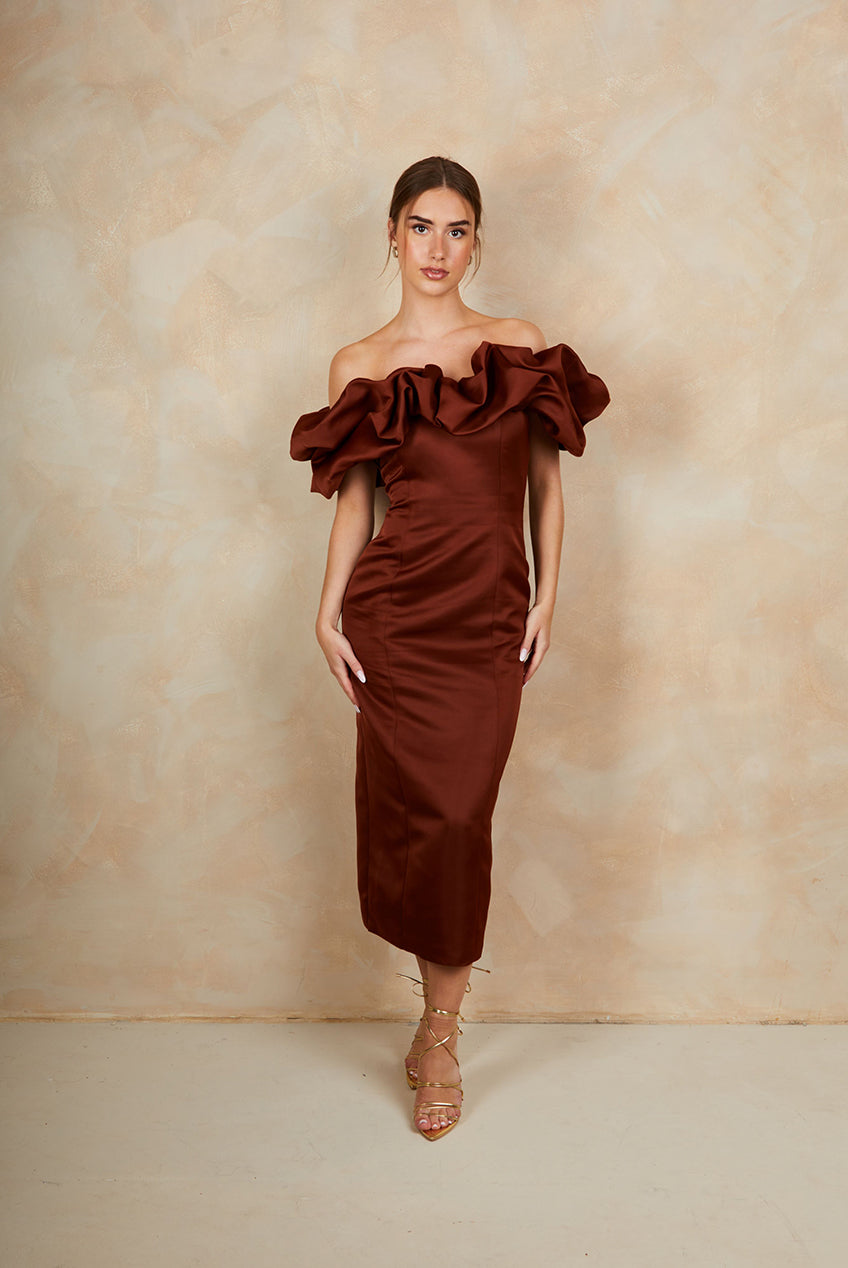 Ruffle Bardot Satin Midi Dress In Chocolate ZZ240305BBR