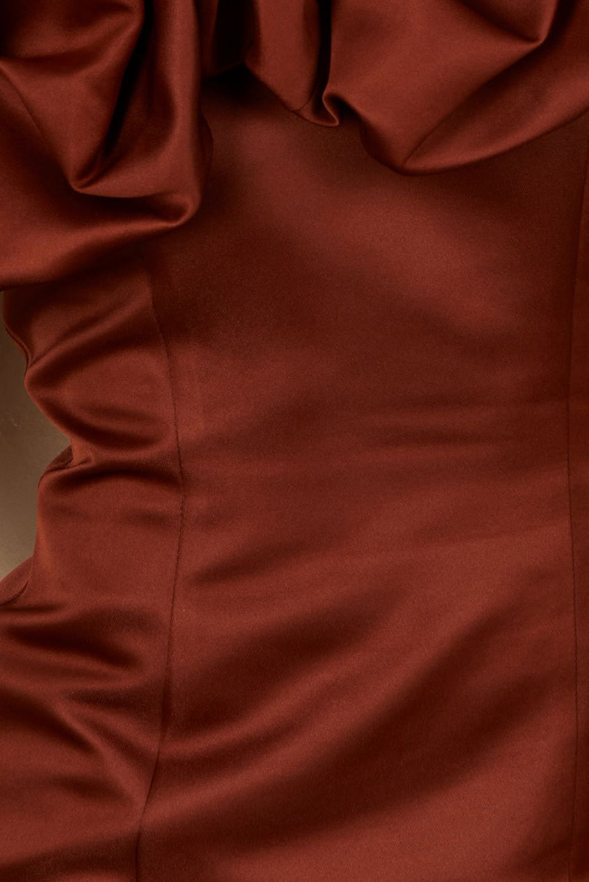 Ruffle Bardot Satin Midi Dress In Chocolate ZZ240305BBR