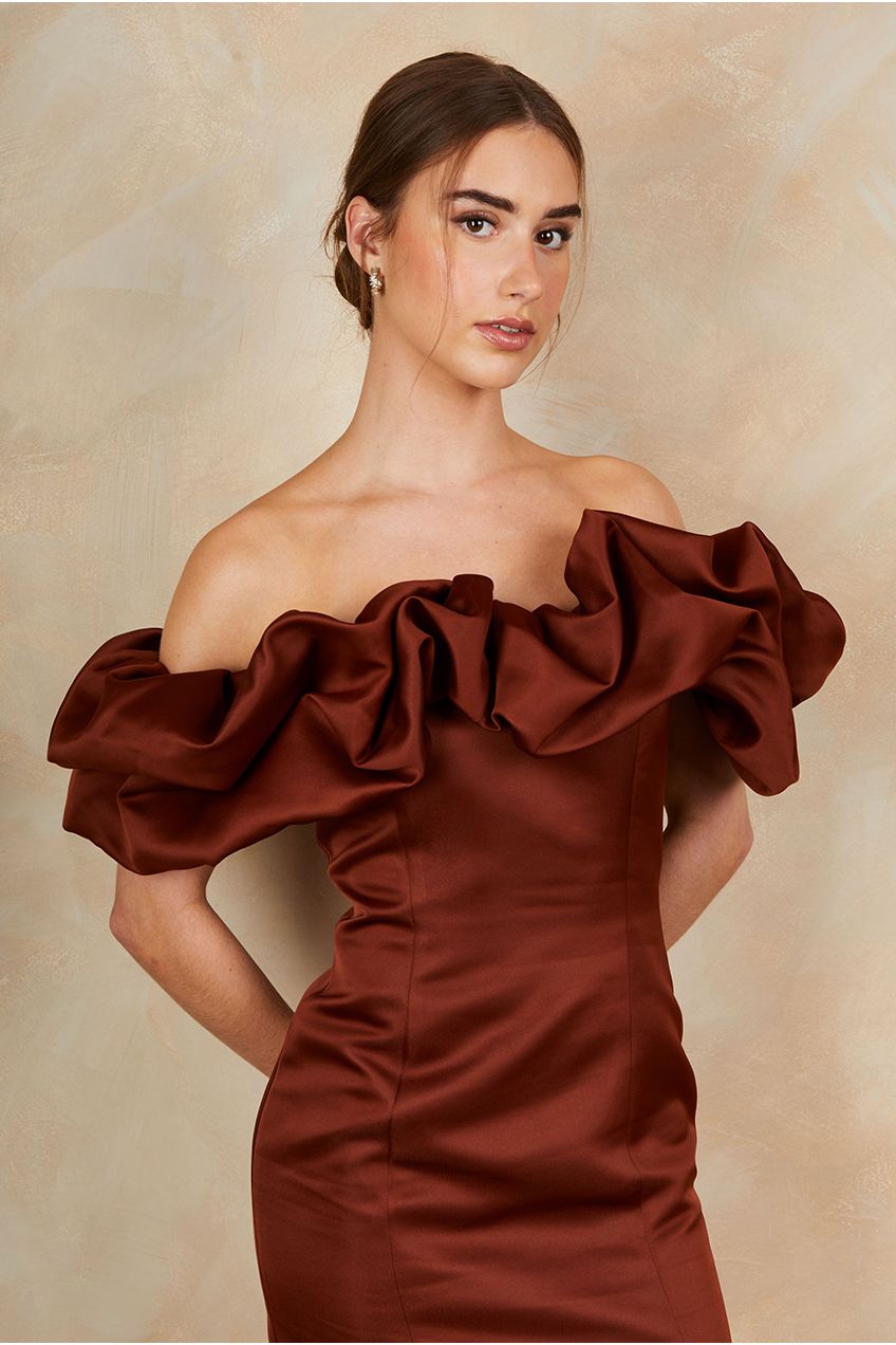 Ruffle Bardot Satin Midi Dress In Chocolate ZZ240305BBR