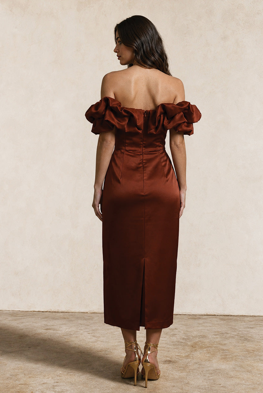 Ruffle Bardot Satin Midi Dress In Chocolate ZZ240305BBR