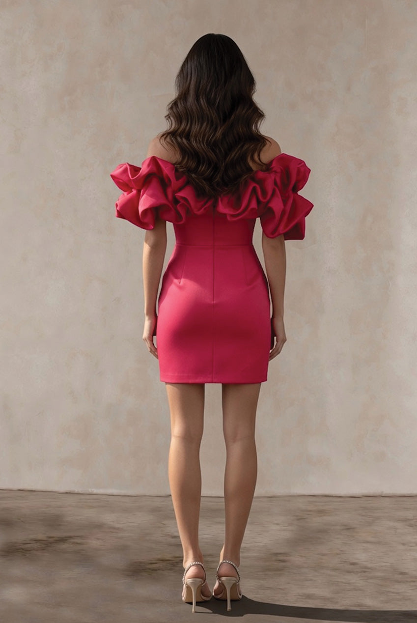 Ruffle Bardot Satin Mini Dress In Pink ZZ240305PI