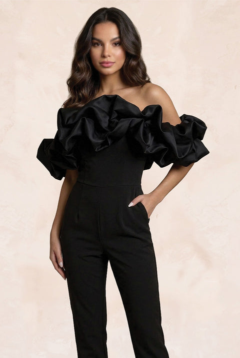 Ruffle Bardot Jumpsuit In Black by Chi Chi London