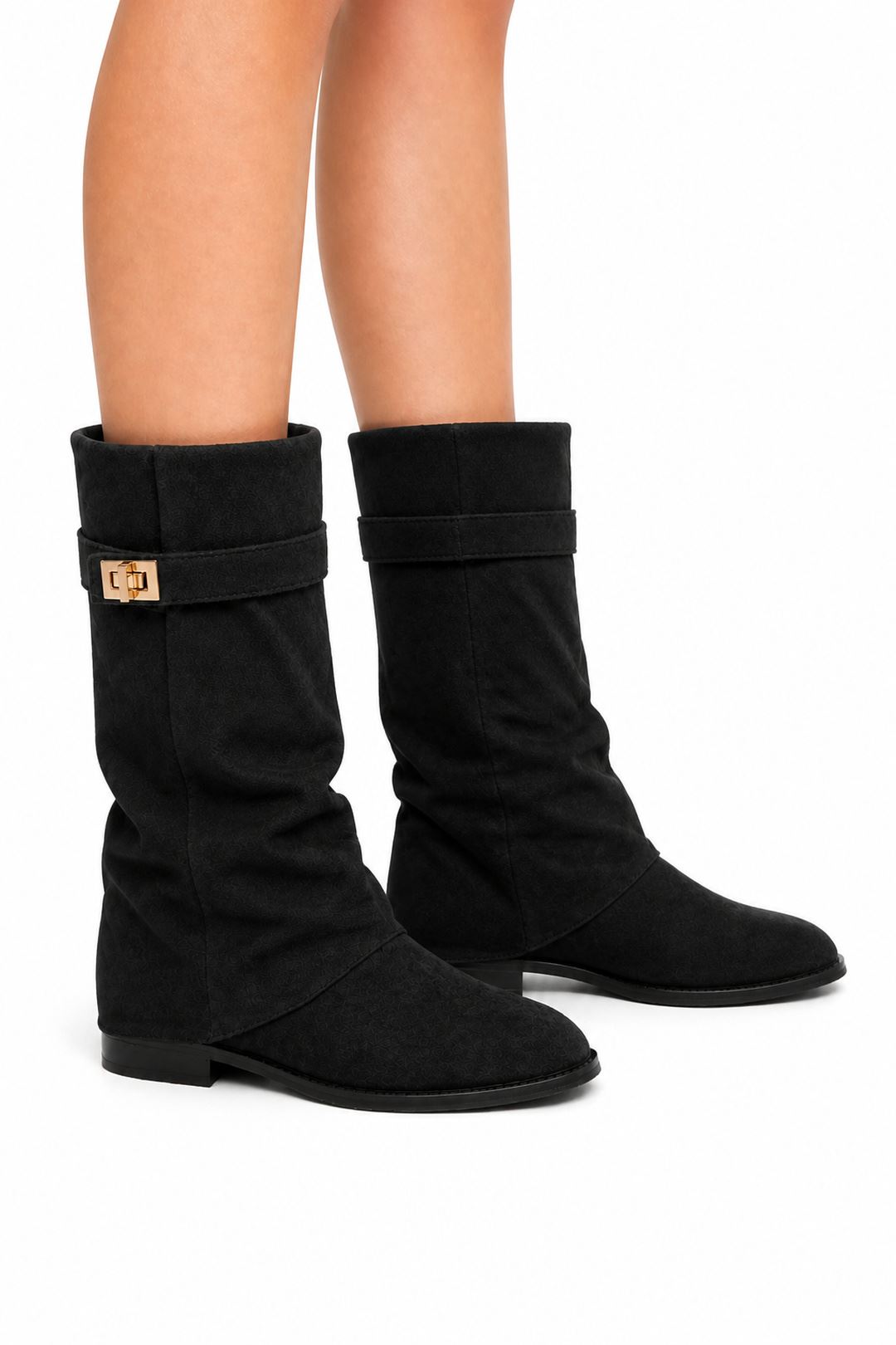 Isley Round Toe Gold Trim Buckle Fold Over Knee High Boots In Black Suede WISPA15-BLKSU