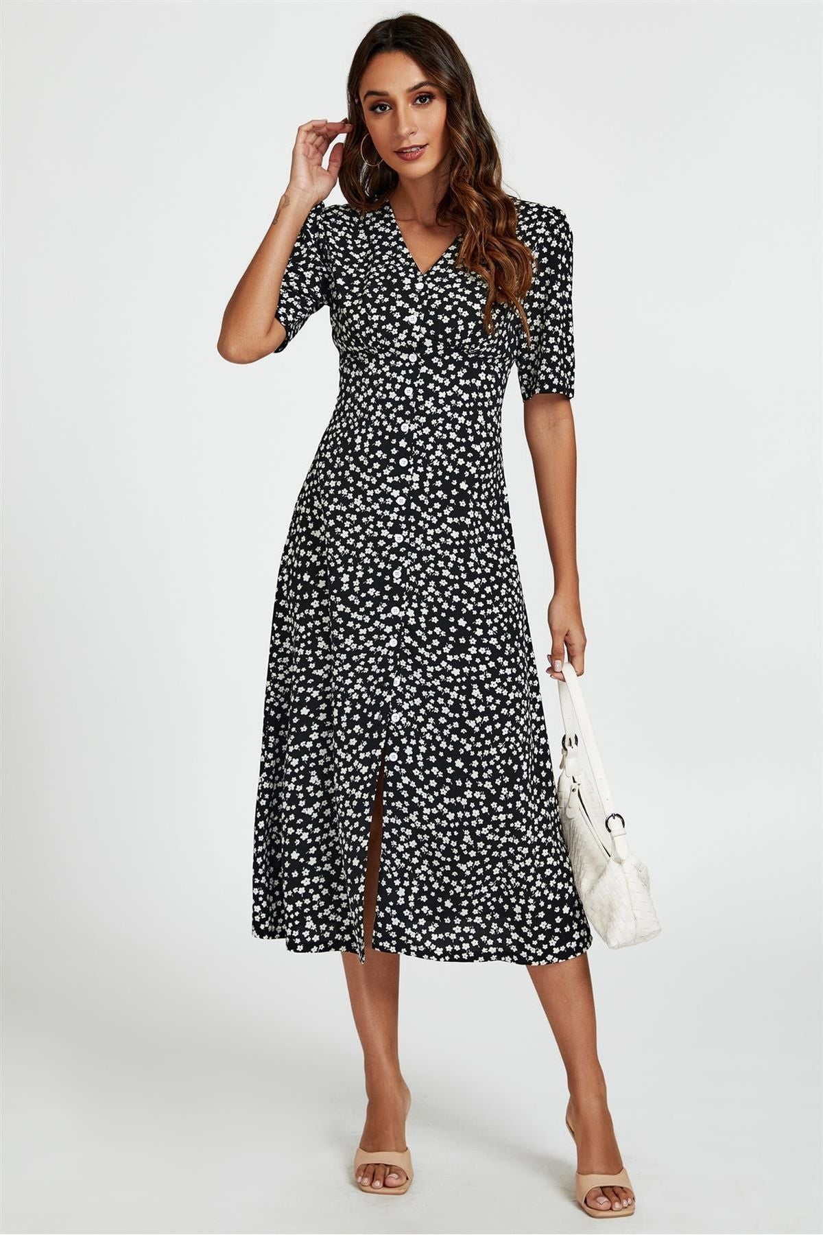 Little Floral Print Button Front Midi Dress In Black FS707-BlackFloral