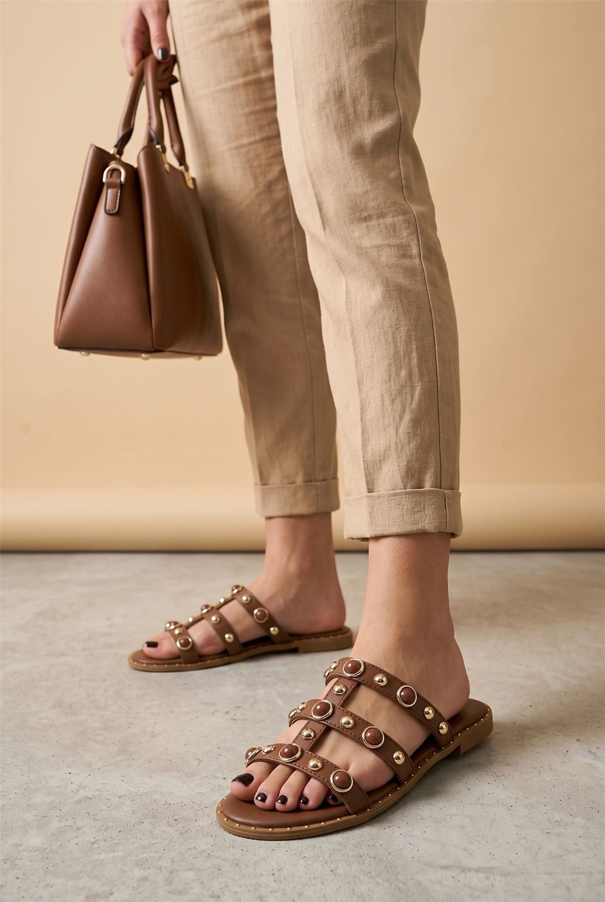 Molly Gold Round Stud Detail Cage Sliders In Brown LEM2-BRN