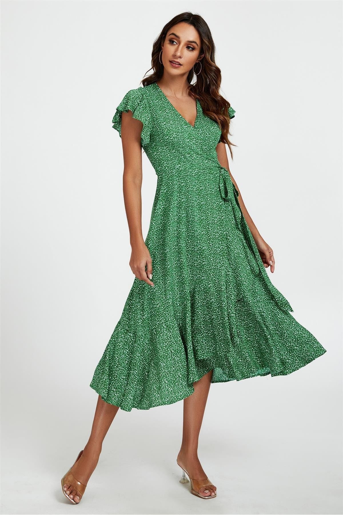 Little Floral Frill Sleeve Midi Wrap Dress In Green FS411-GreenWhite