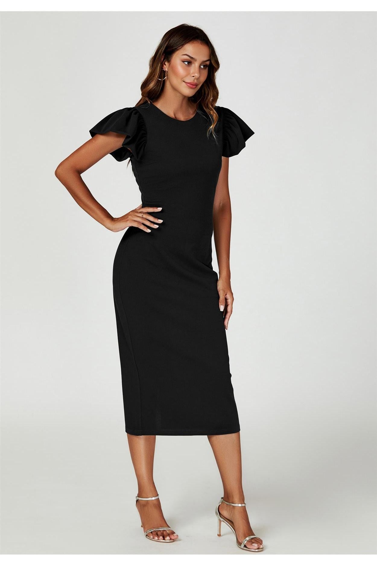Volume Sleeve Bodycon Midi Dress In Black FS770-Black