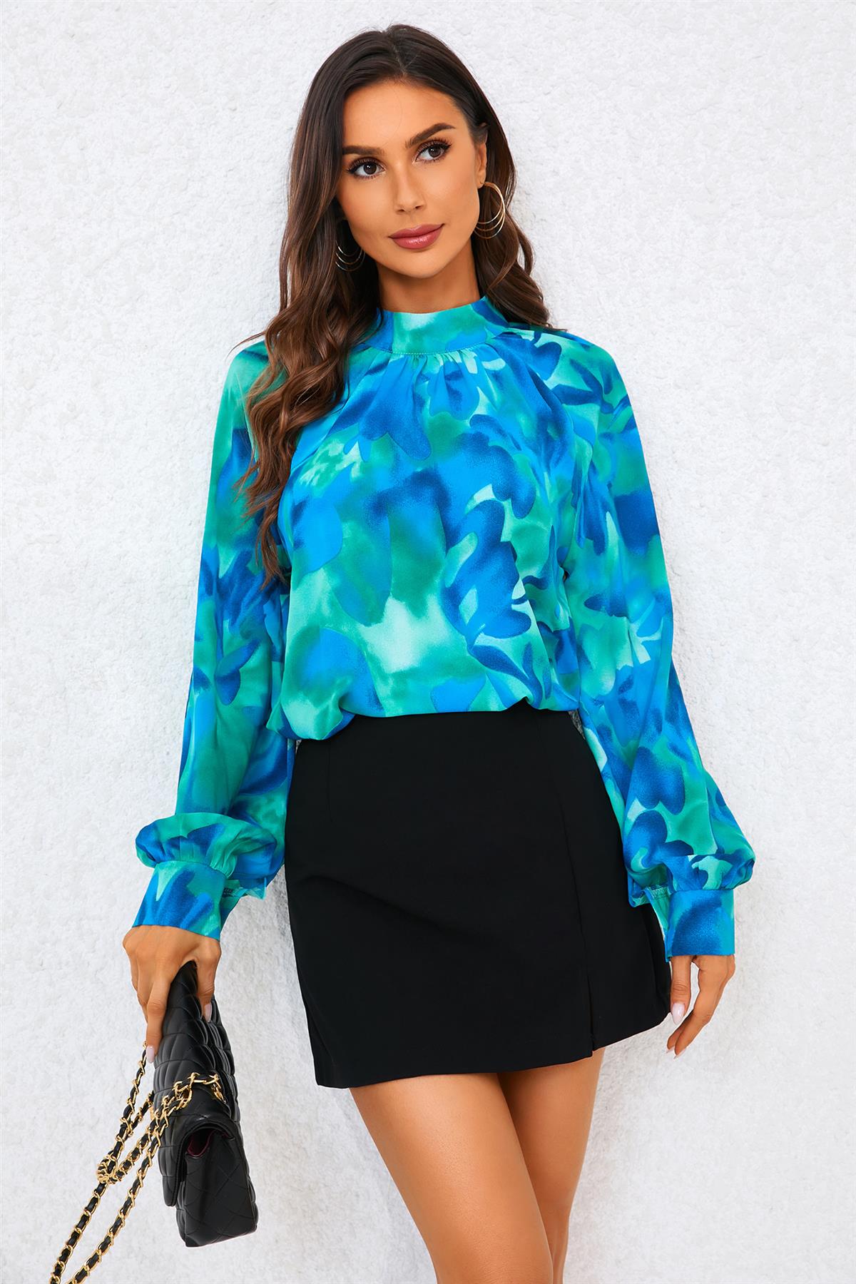 Abstract Floral Print Halter Neck Blouse Top In Blue FS487-BlueFloral