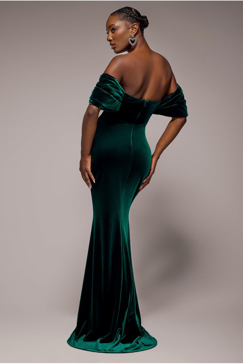 Off The Shoulder Deep Plunge Velvet Maxi Dress - Emerald Green DR4692