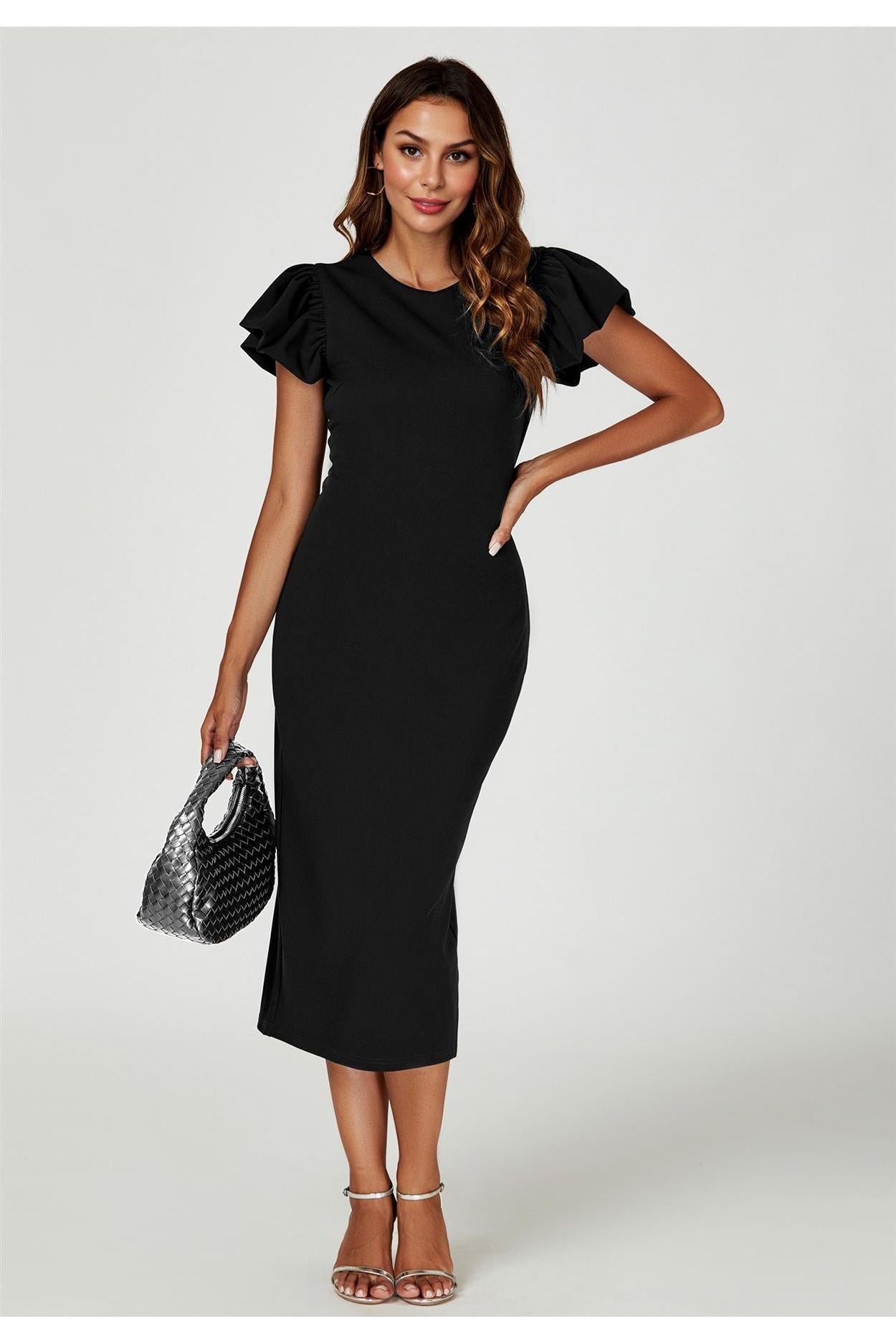 Volume Sleeve Bodycon Midi Dress In Black FS770-Black