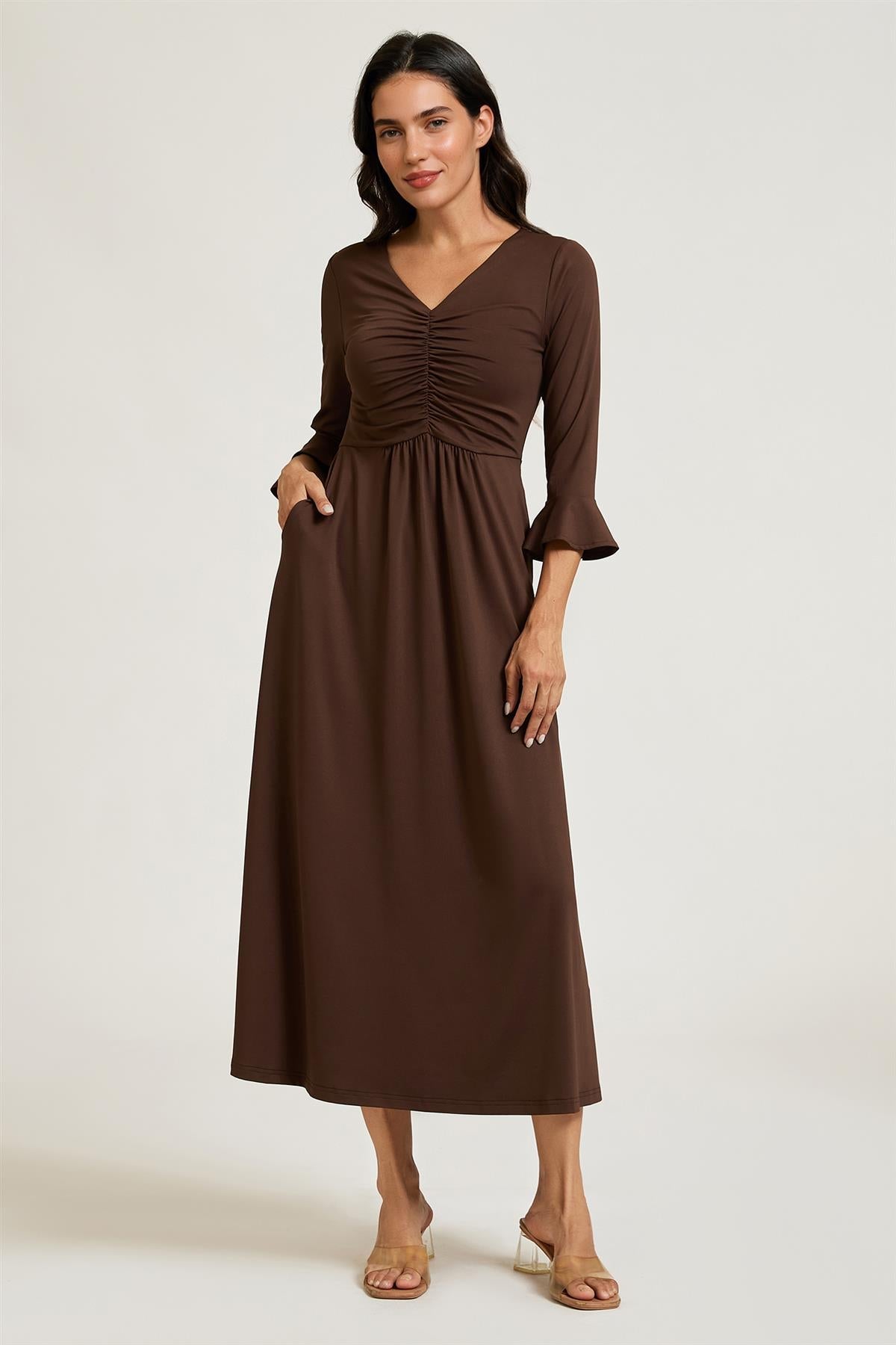 Fluted Sleeves Ruched Jersey Midi Dress In Brown FS992