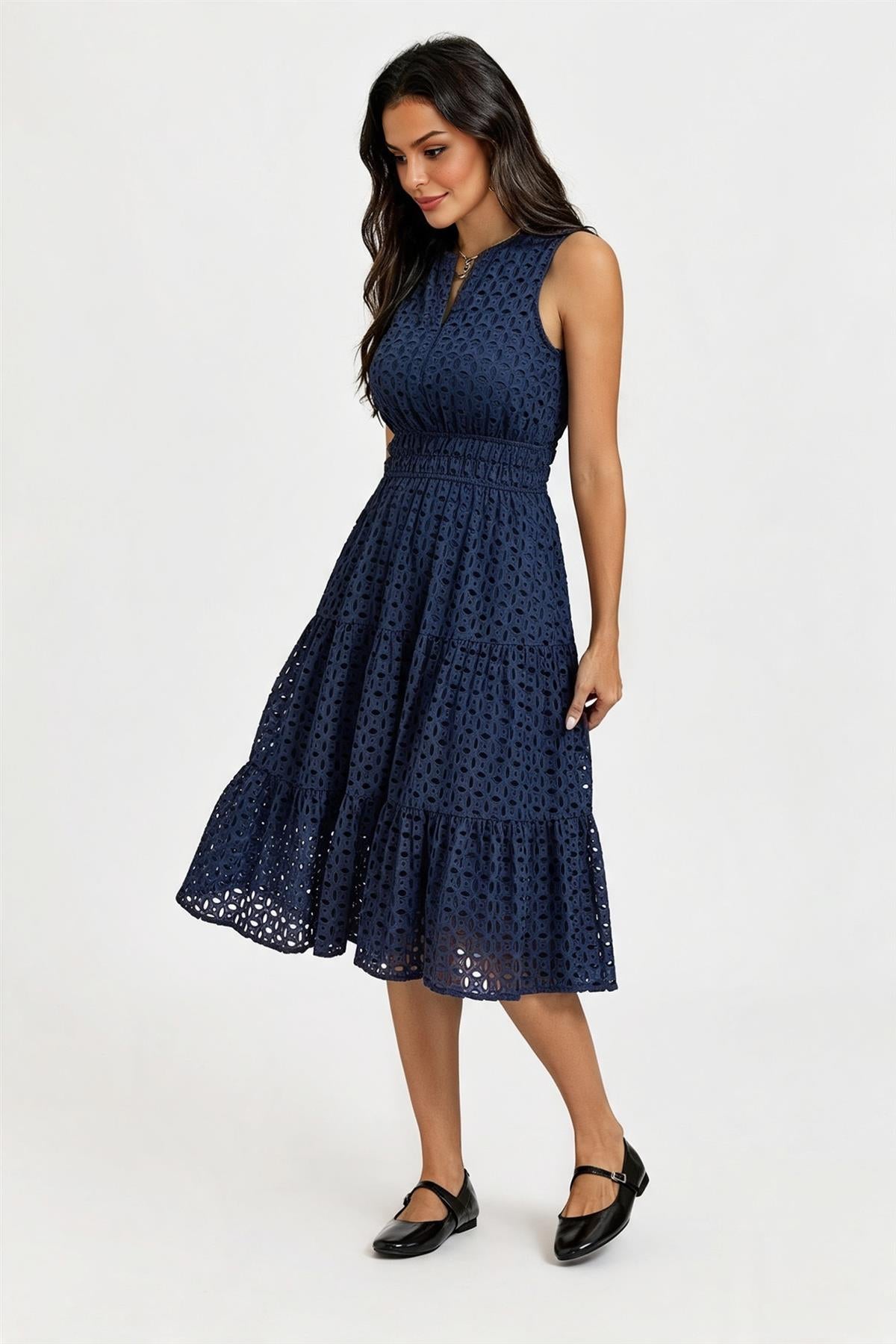 Sleeveless Broderie Anglaise Midi Dress In Navy FS982