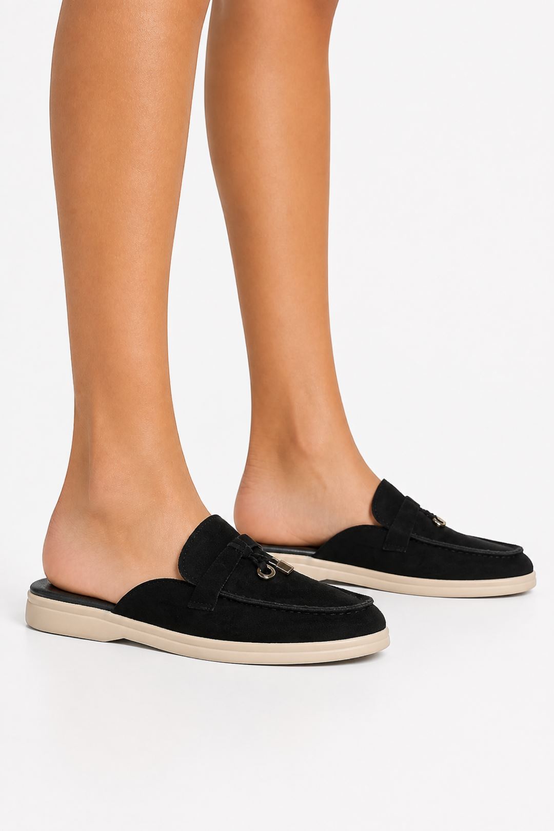 Adaloria Padlock Charm Backless Flat Loafers In Black White Sole PANTHER2-BLKWHTS