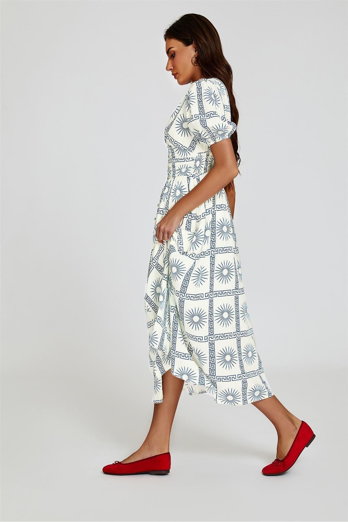 Geo Print Midi V Neckline Dress In White FS827-WBF