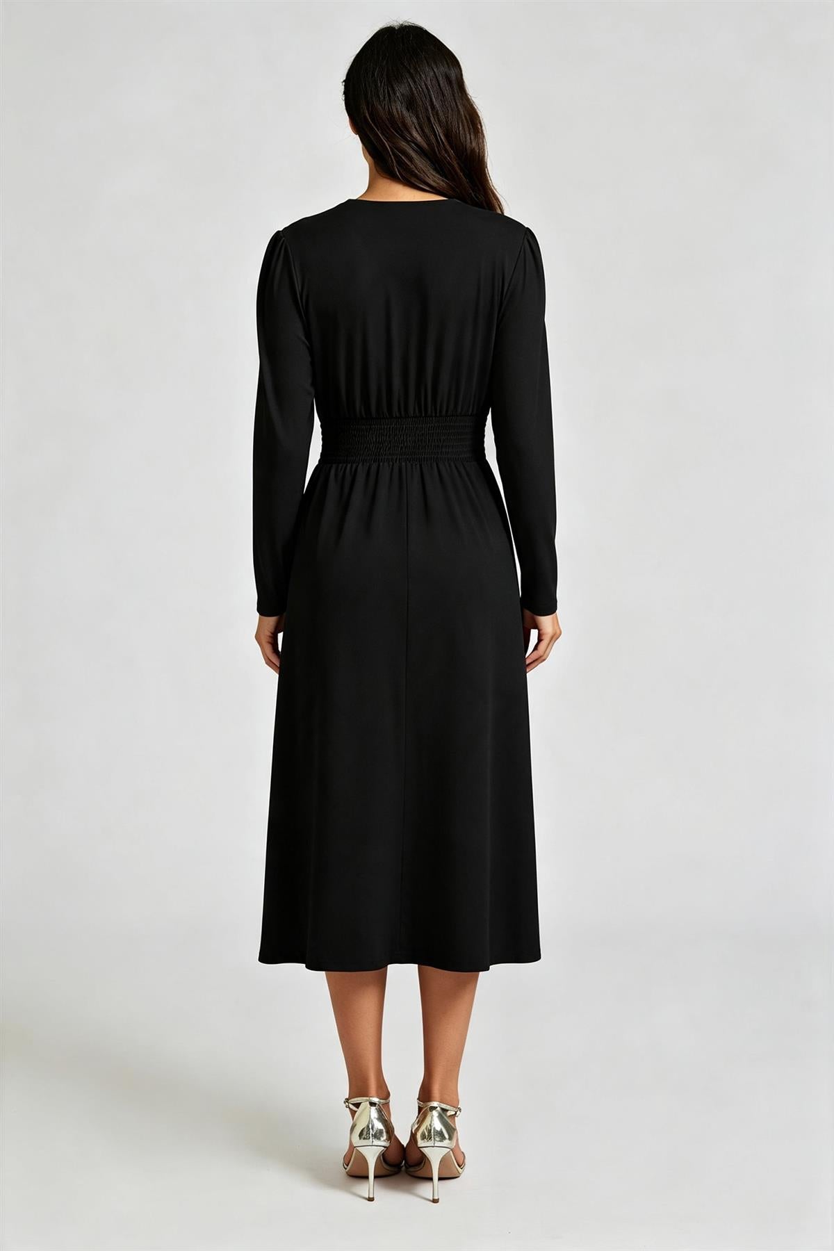 Jersey Long Sleeve Midi Dress In Black FS896