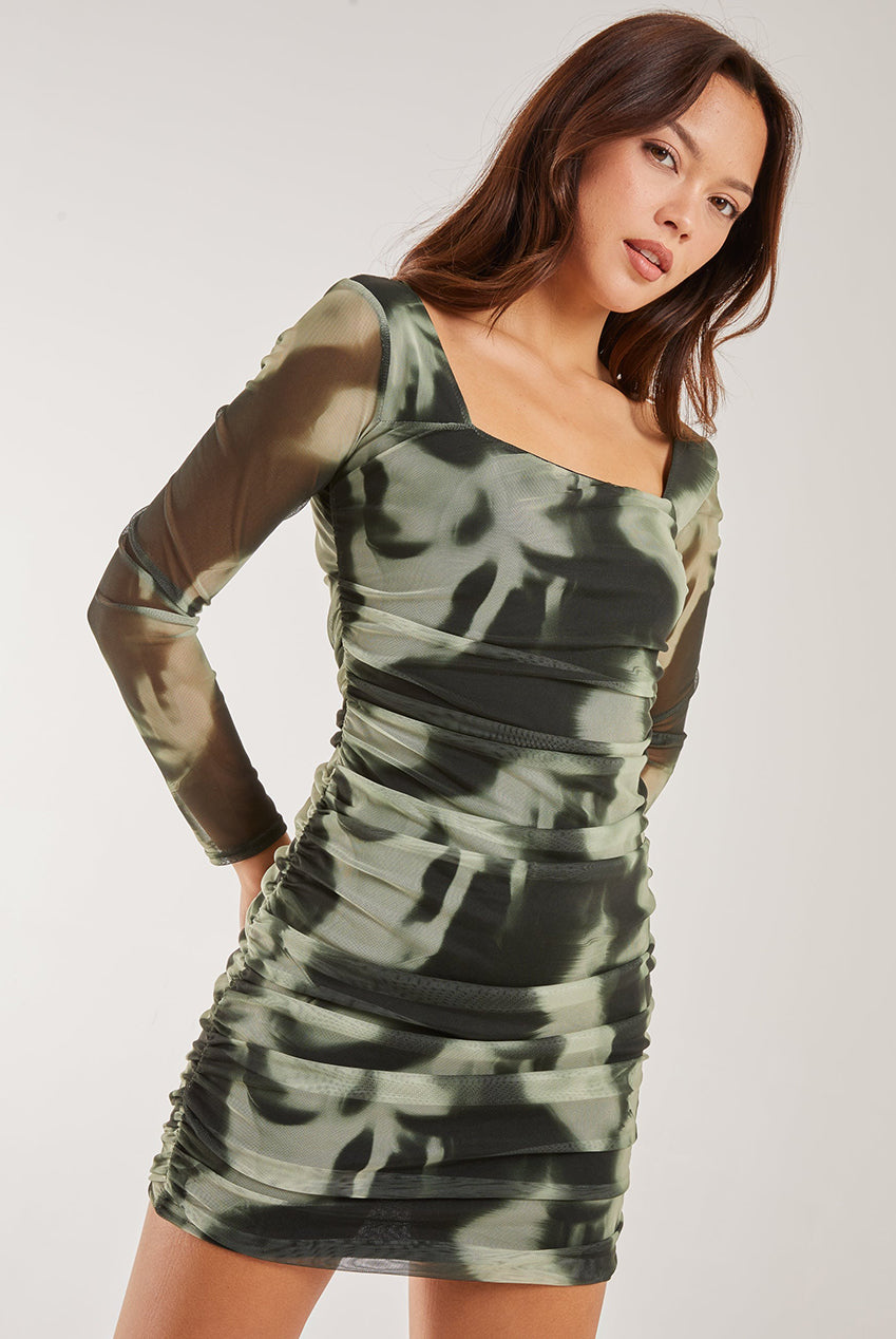 Smokey Print Long Sleeve Mesh Mini Dress AW23207