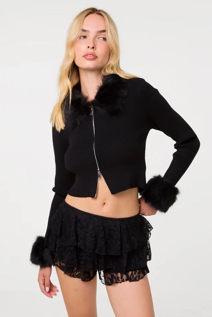 Fur Trim Zip Through Cardigan AW26008P003