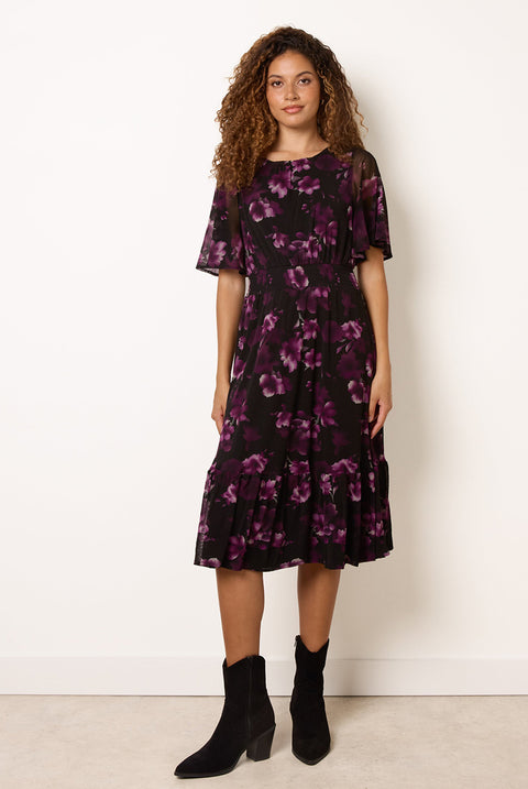 Mesh Floral Crew Midi Dress by Blue Vanilla