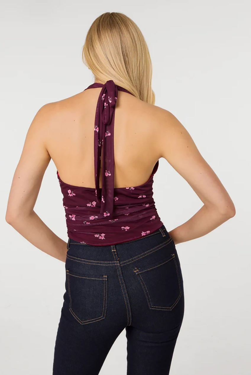 Floral Polka Dot Mesh Halter Top AW26104P090