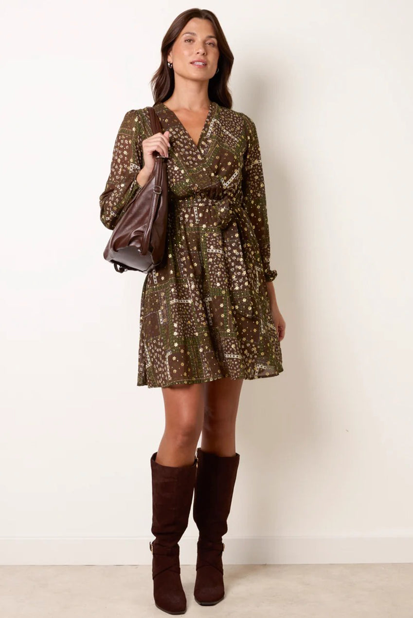 Patchwork Wrap Long Sleeve Dress AW26107B056