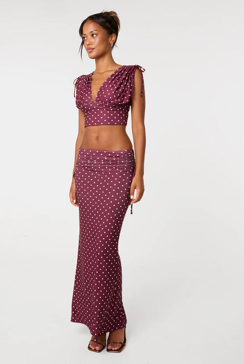 Polka Dot Ruched Side Maxi Skirt by Pink Vanilla