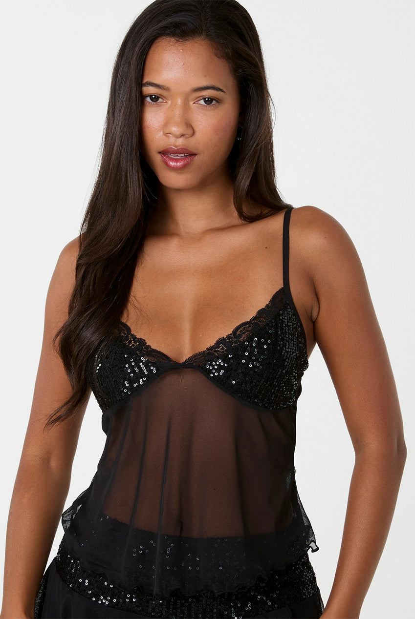 Sequin Trim Mesh Top AW26156P003