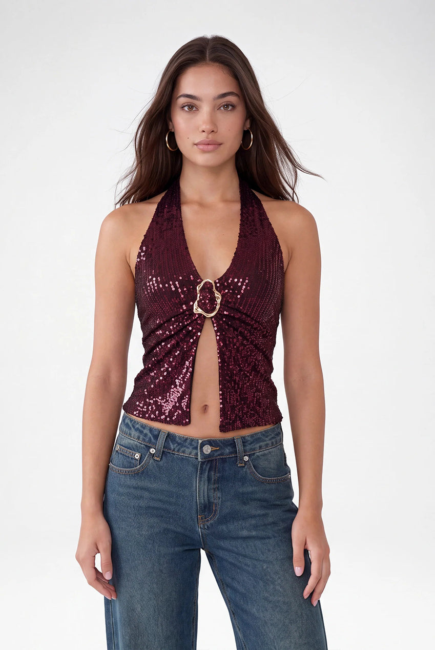 Sequin Trim Halter Top AW26216P034