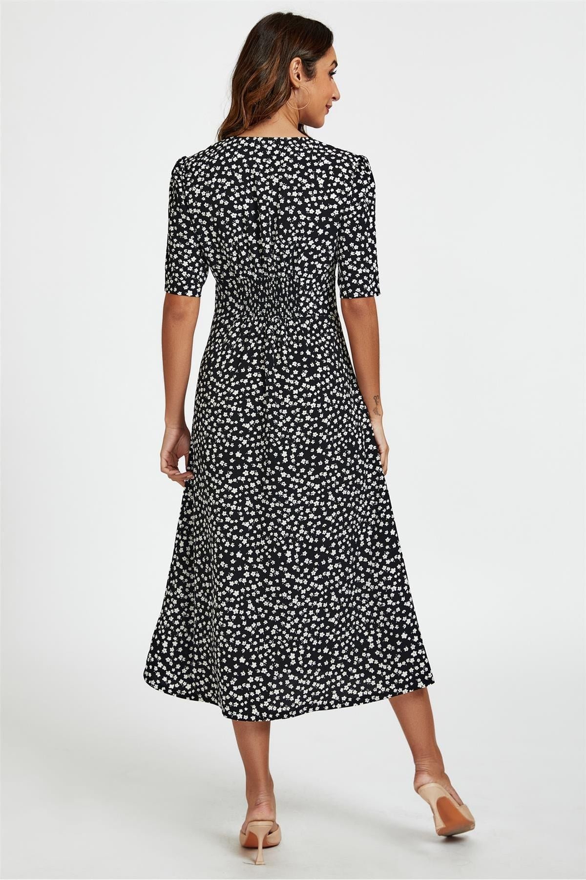 Little Floral Print Button Front Midi Dress In Black FS707-BlackFloral