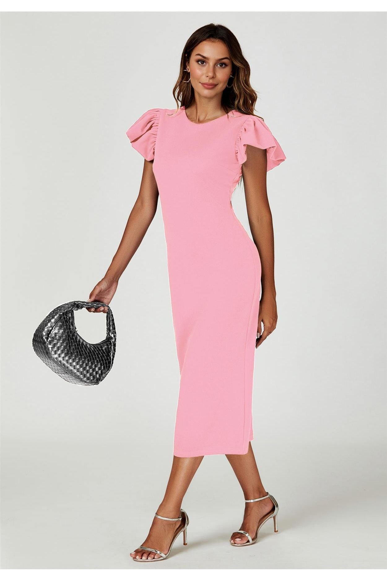 Volume Sleeve Bodycon Midi Dress In Pink FS770
