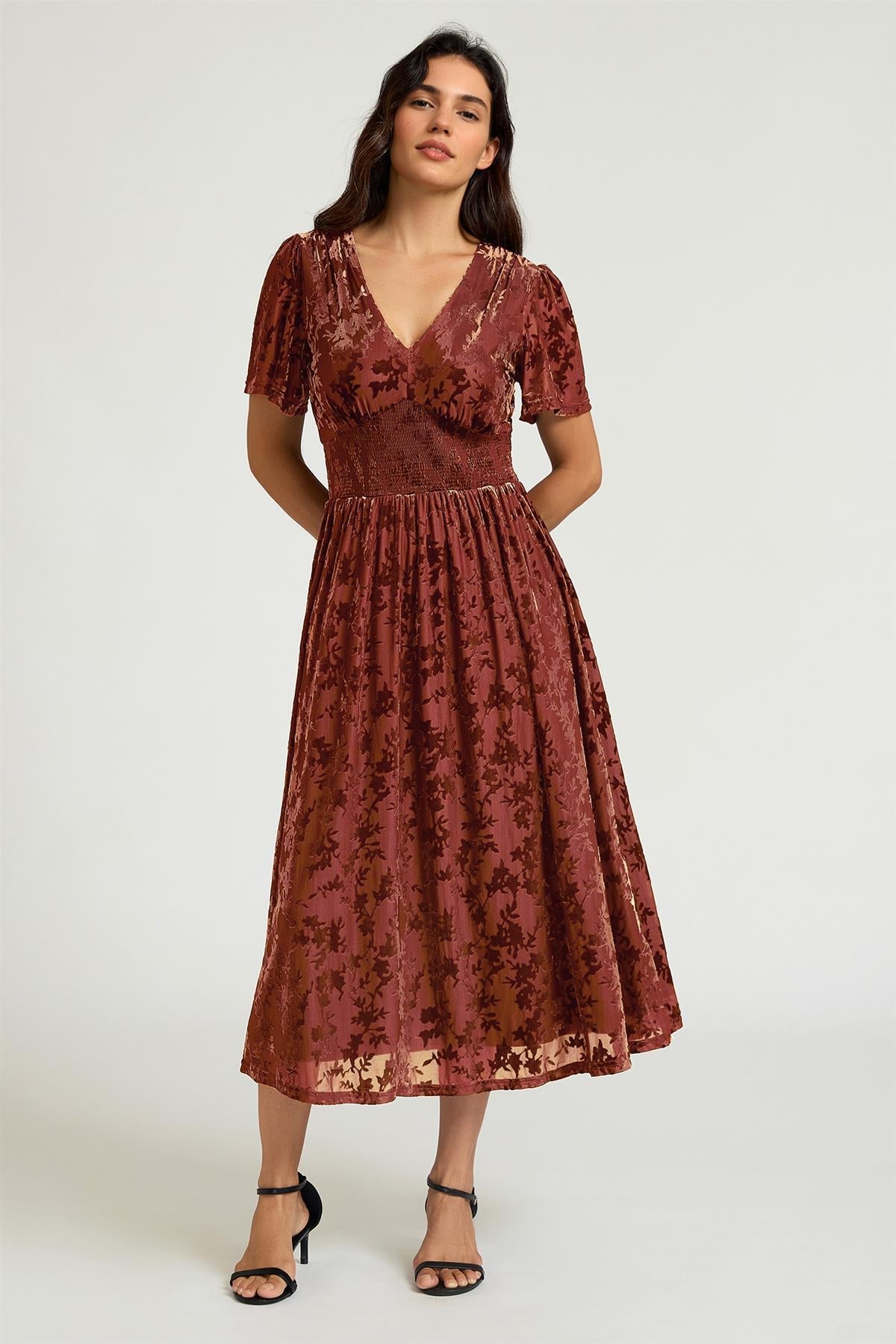 Rust Velvet Burnout V-Neck Angel Sleeve Midi Dress FS955