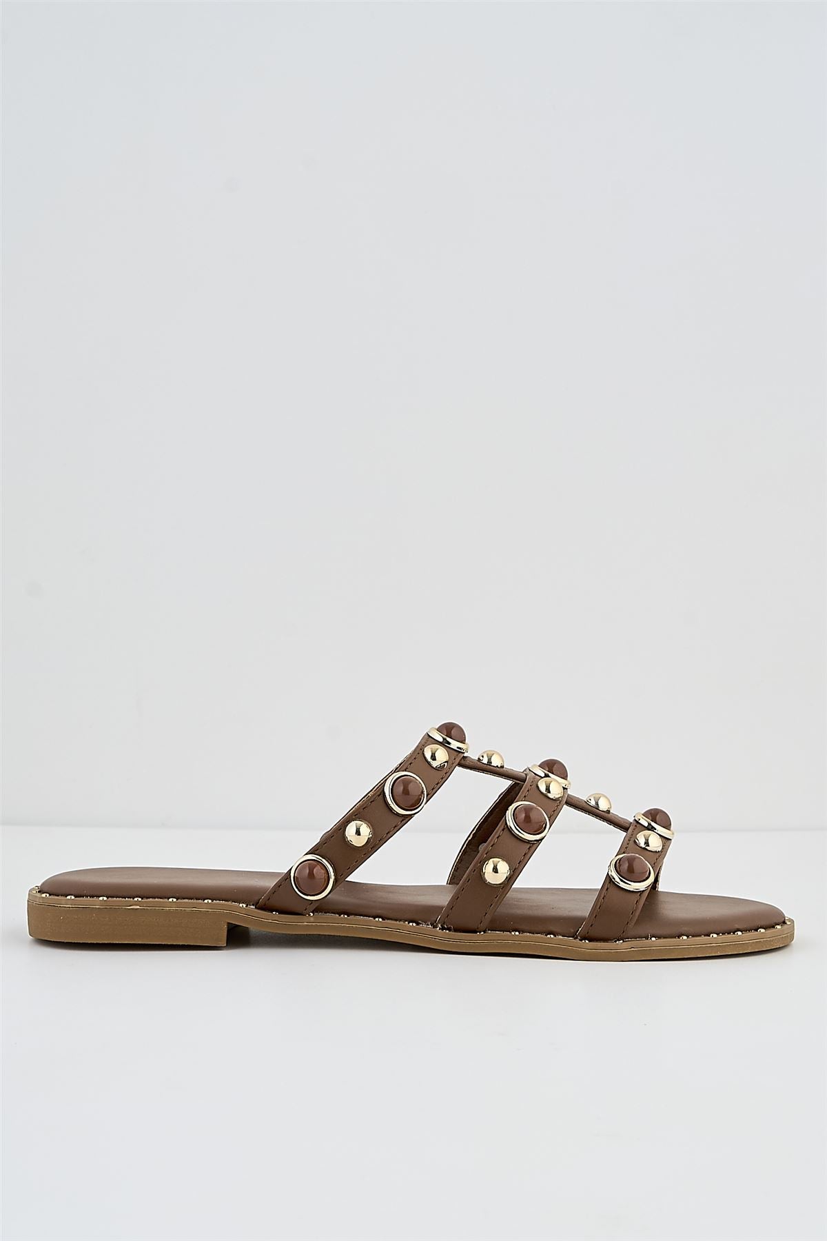 Molly Gold Round Stud Detail Cage Sliders In Brown LEM2-BRN
