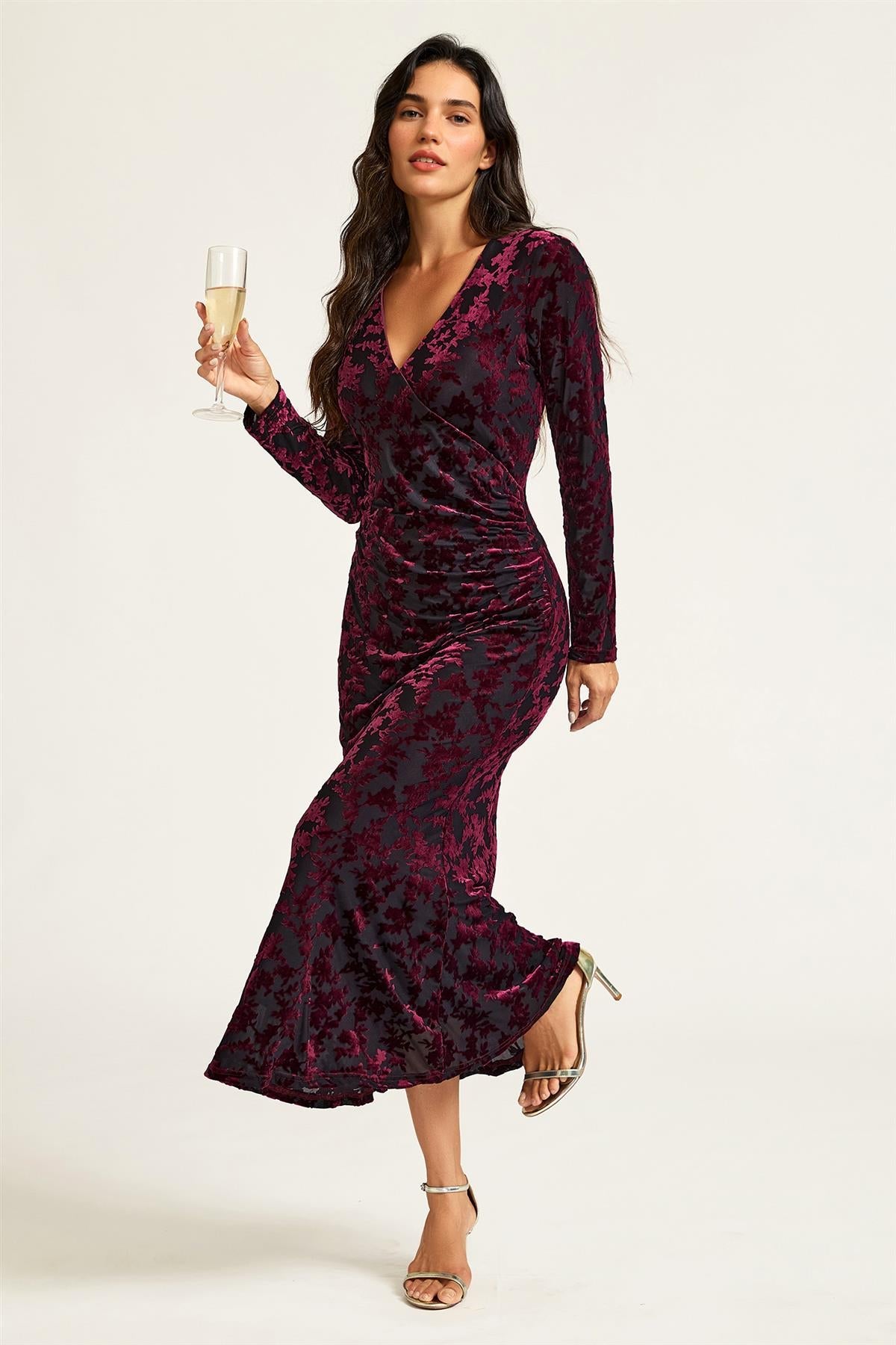Wine Floral Velvet Devore Long Sleeve Wrap Midi Dress In Black FS902