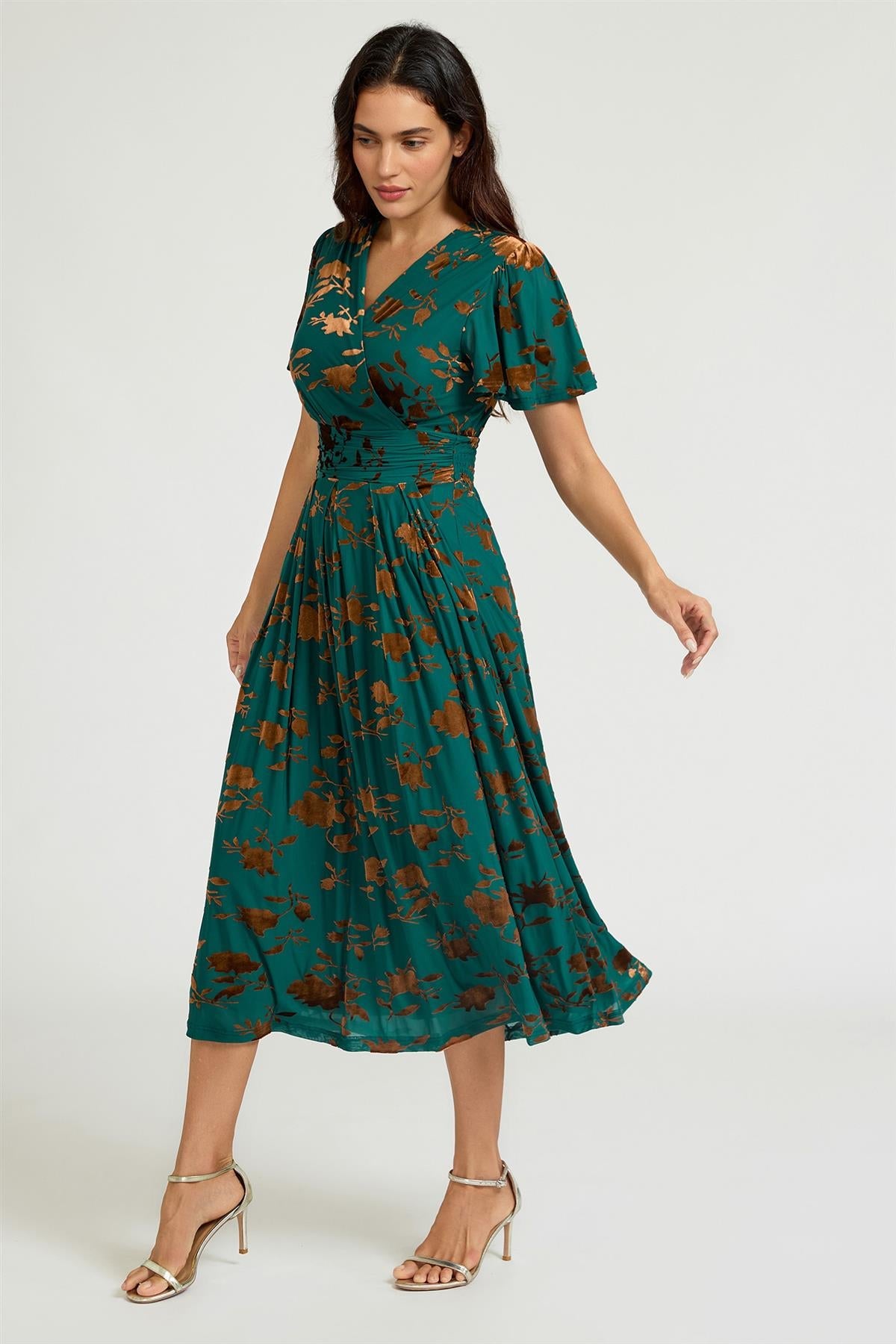 Velvet Flock Short Sleeve Midi Dress In Jade Green FS987