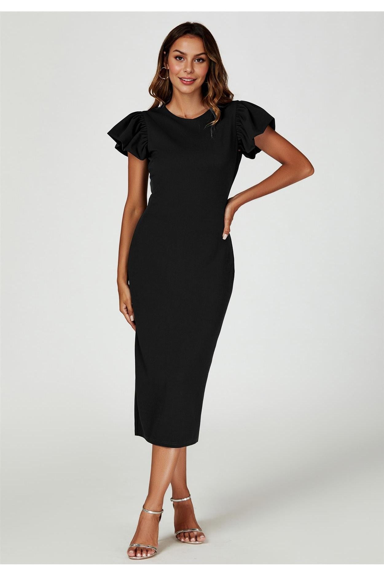 Volume Sleeve Bodycon Midi Dress In Black FS770-Black