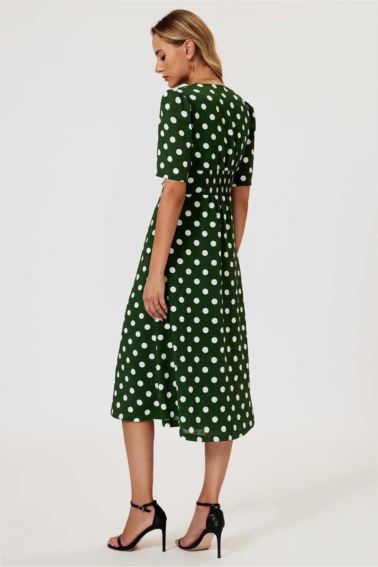 Polka Dot Print Button Front Midi Dress In Green FS884