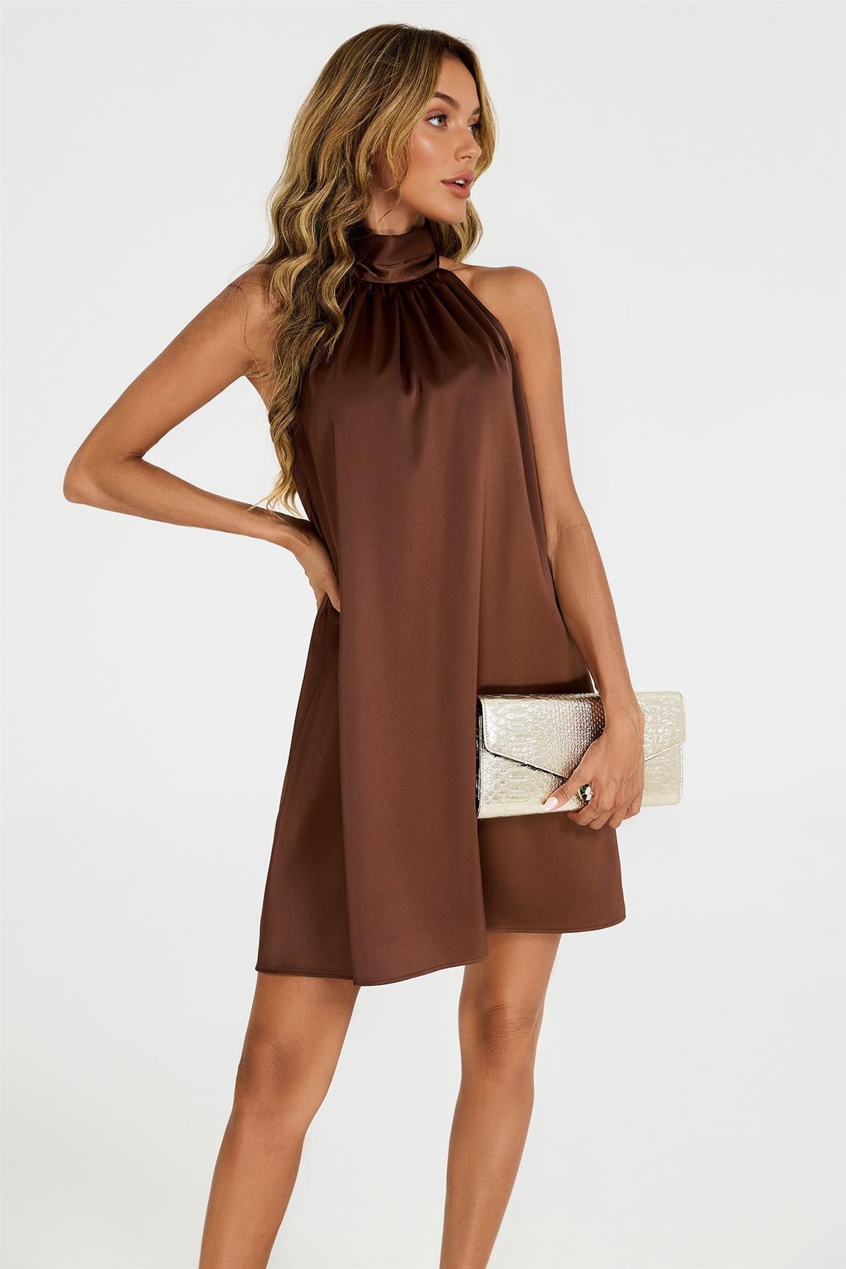 Satin Halter Neck Tie Back Mini Dress In Brown FS969