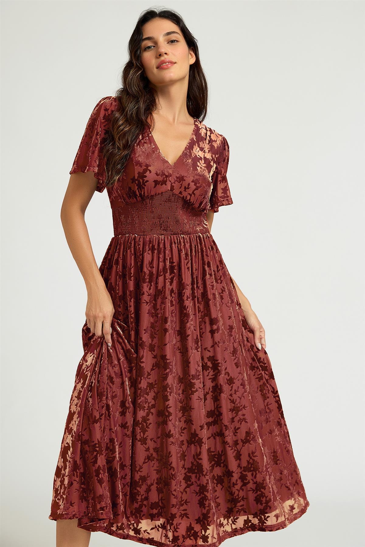 Rust Velvet Burnout V-Neck Angel Sleeve Midi Dress FS955