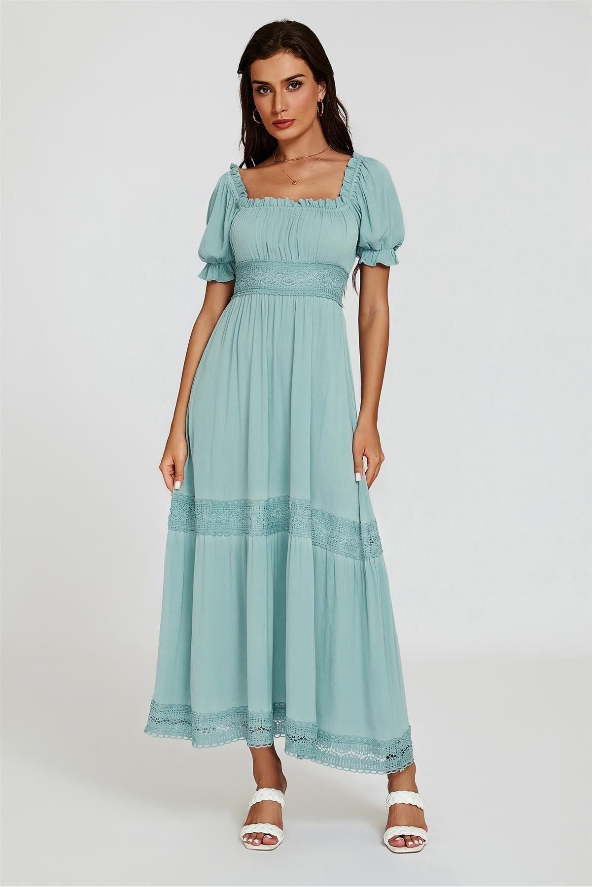 Lace Detail Bardot Maxi Dress In Blue FS829-BLC