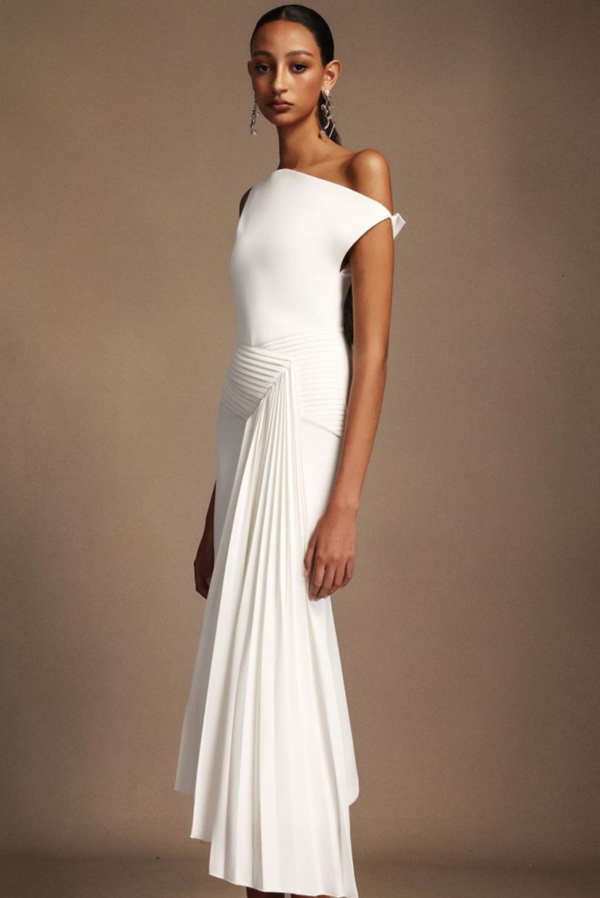 Paulina Oblique Shoulder Sleeveless Folds Midi Dress C250300341