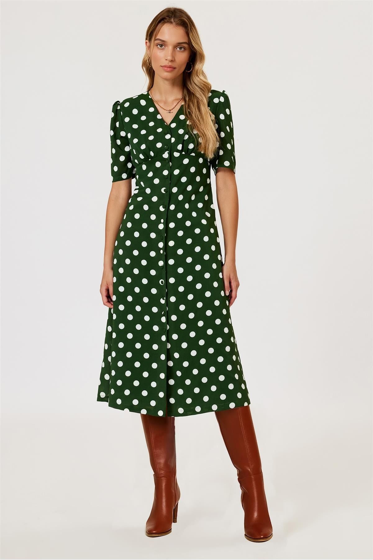 Polka Dot Print Button Front Midi Dress In Green FS884