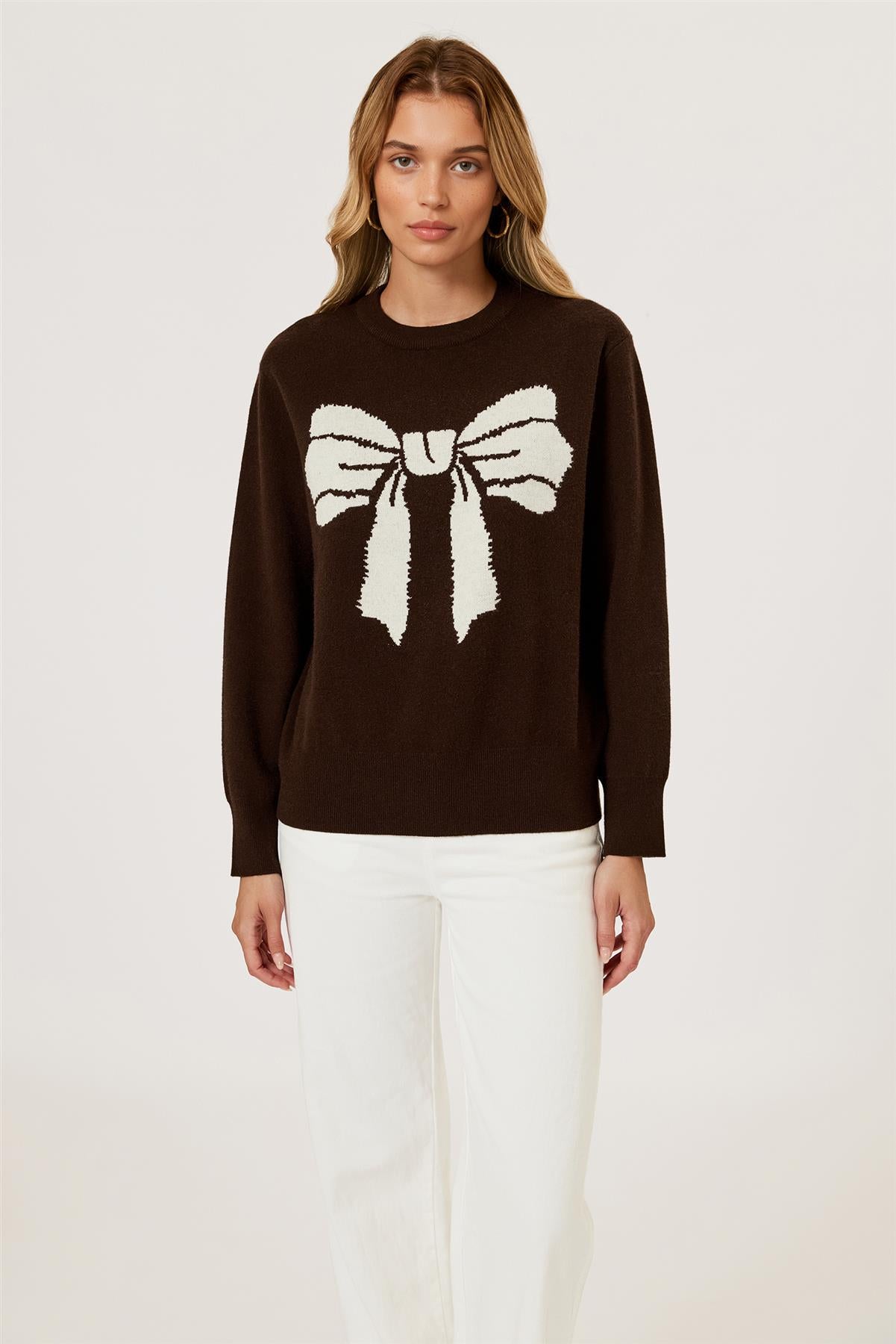 Bowknot Pattern Knit Jumper Top In Brown FS850