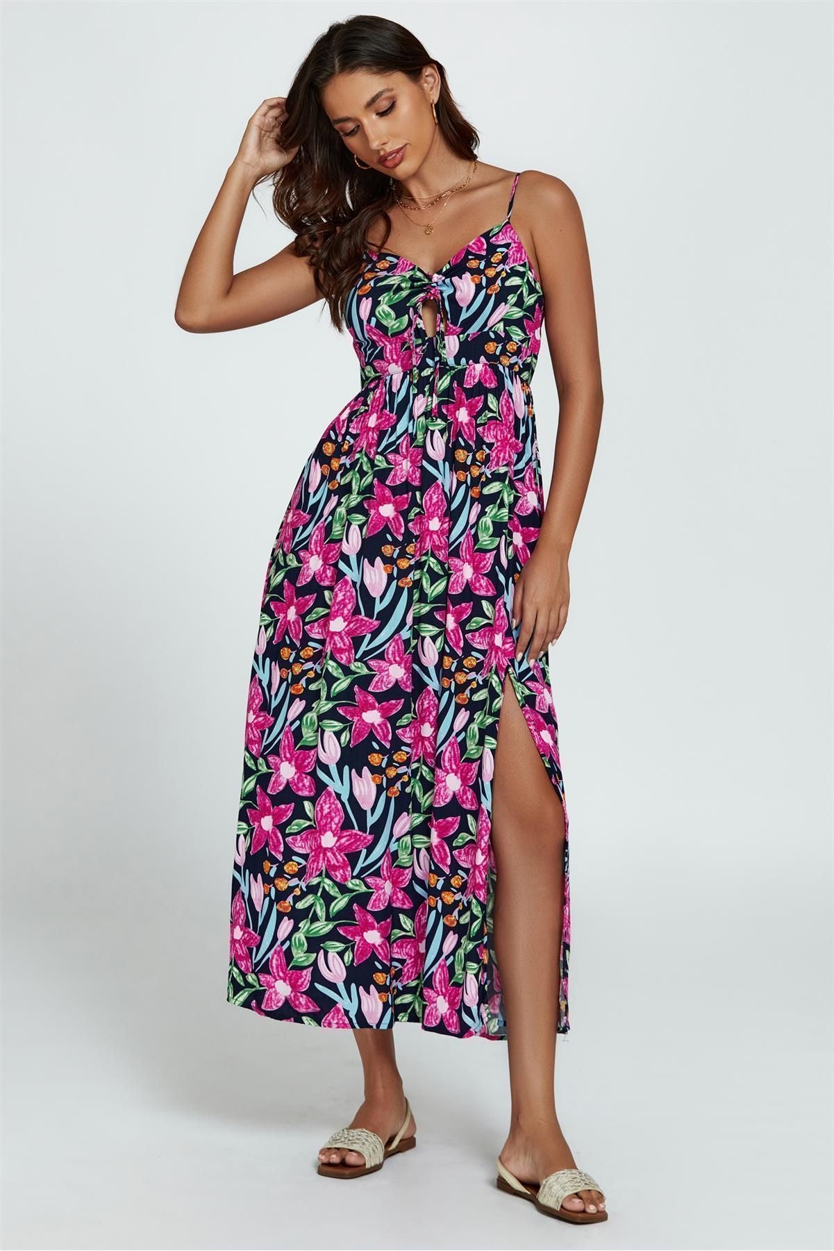 Floral Print Tie Front Maxi Dress In Black FS803-BM