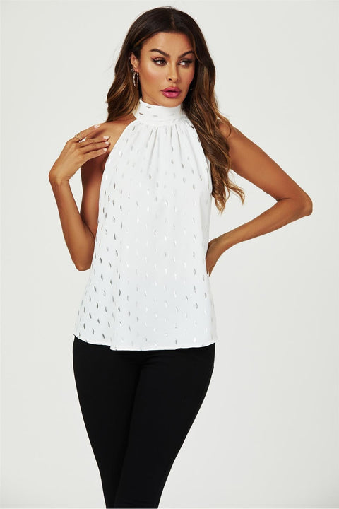 Silver Foil Halter Neck Tie Back Top In White by FS Collection
