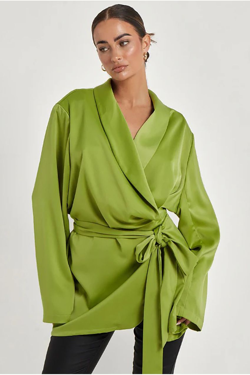 Green Satin Wrap Blazer 40JKT31959-C31