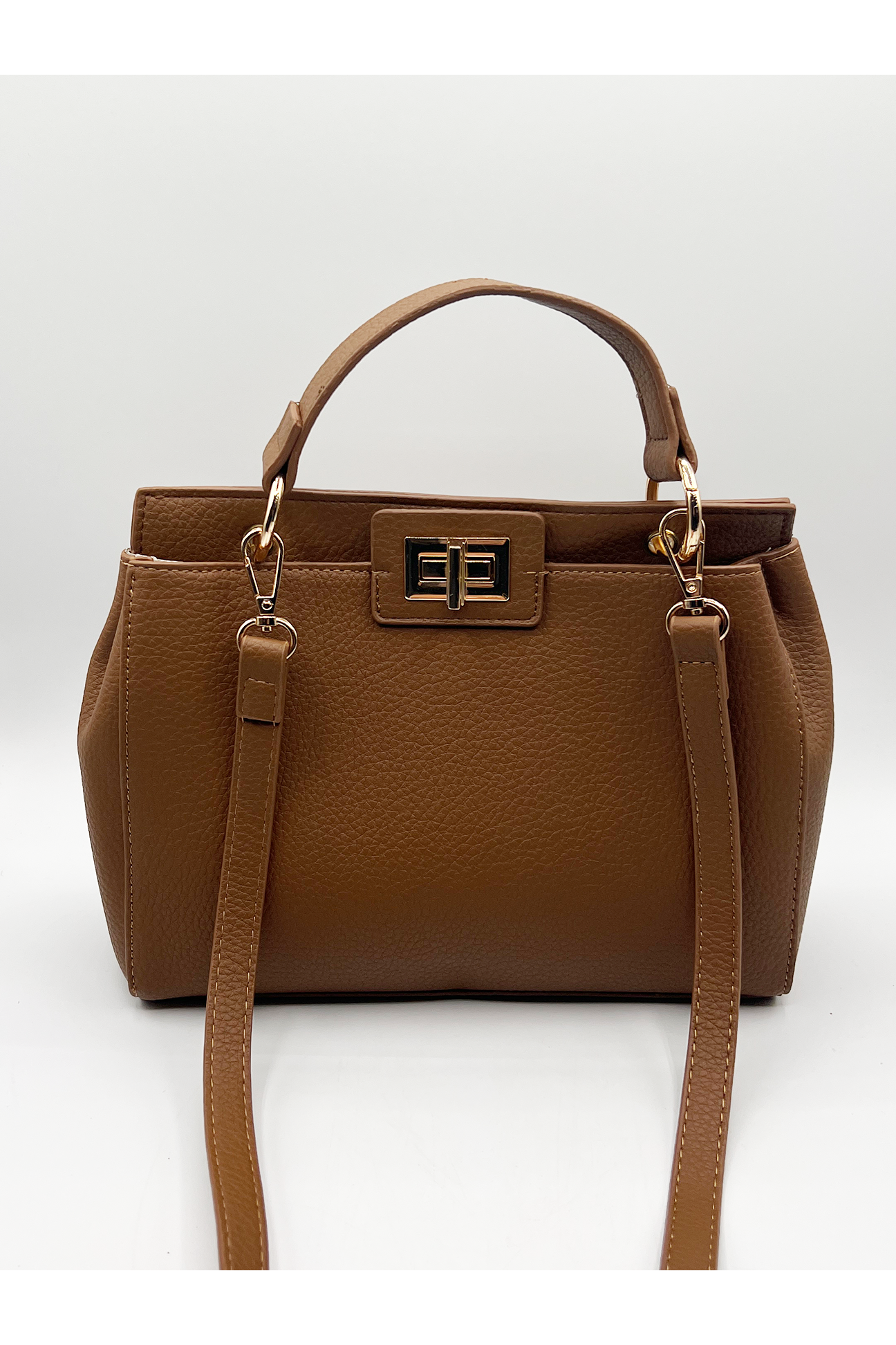 Brown Faux Leather Handbag With Gold Trim HB324606